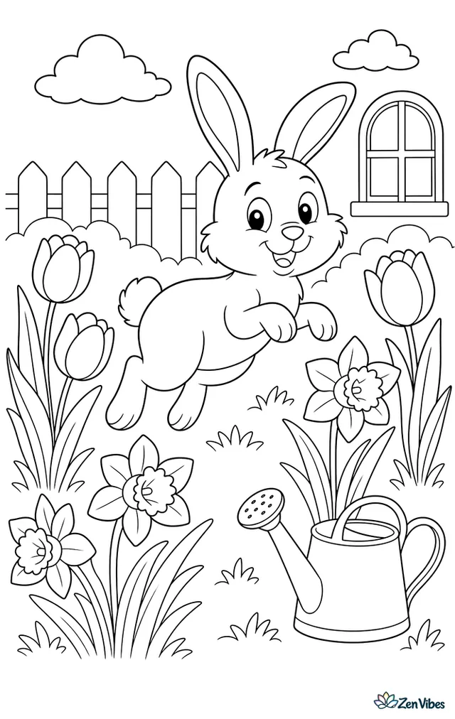 A bunny hopping between tulips and daffodils with a watering can nearby