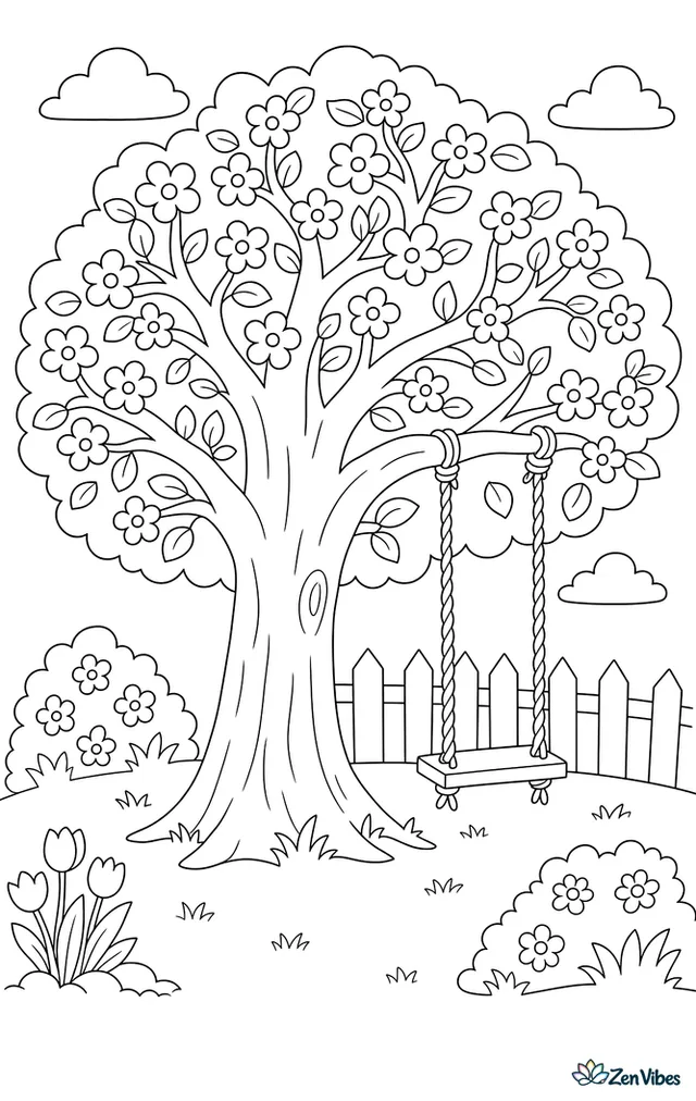 A tree covered in blossoms with a rope swing hanging from a branch
