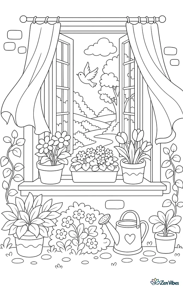 An open window with flower pots on the sill, curtains blowing, and a bird outside