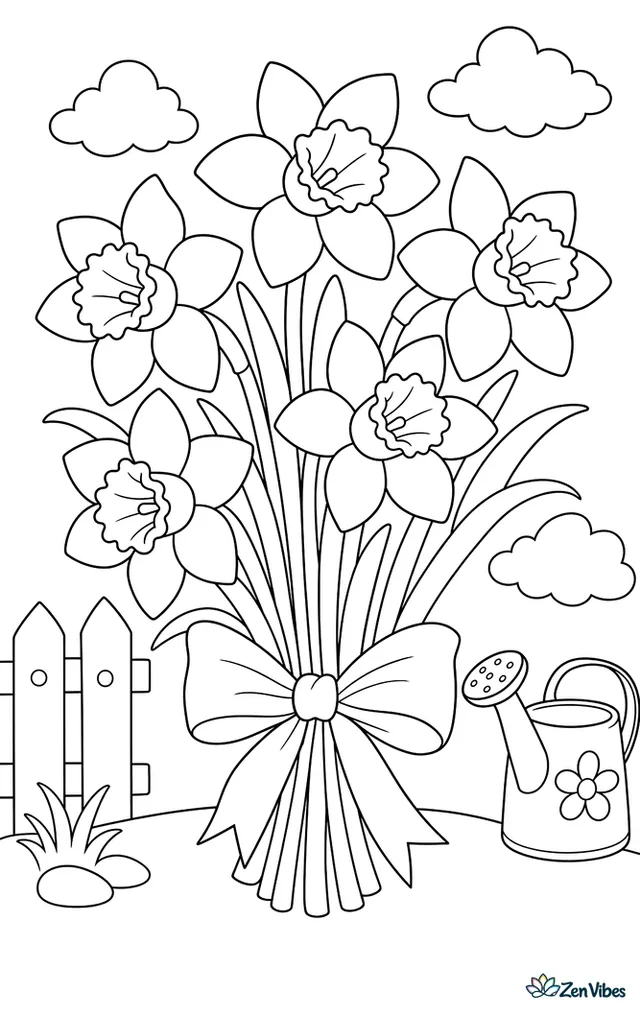 A bunch of daffodils with trumpet centers tied with a ribbon