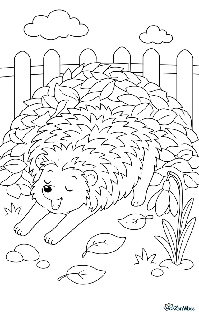 A sleepy hedgehog stretching outside a pile of leaves with a snowdrop flower nearby