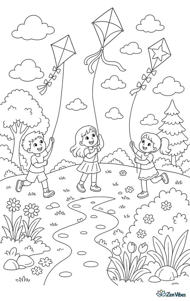 Three children flying kites on a hill with clouds and a path below