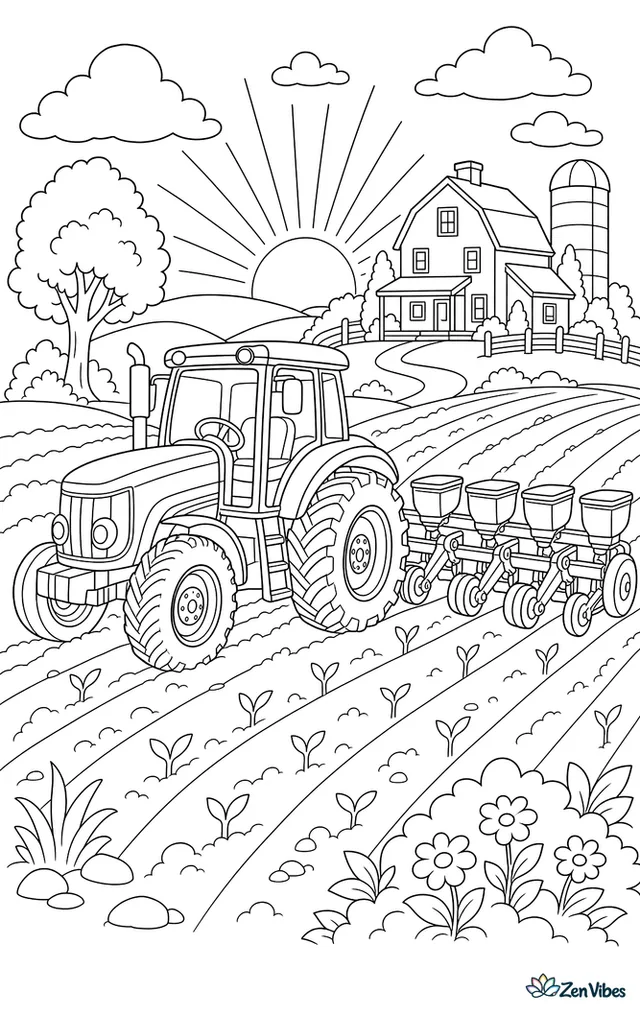 A tractor pulling a seed planter across a field with a farmhouse and a sunrise behind