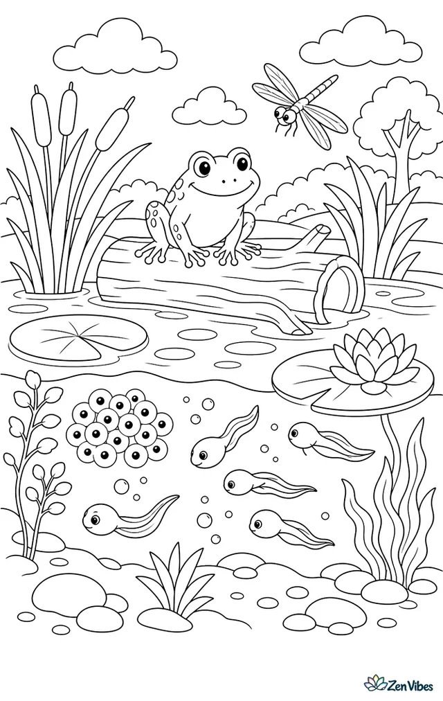 A pond with tadpoles, frog eggs, a frog on a log, reeds, and a dragonfly