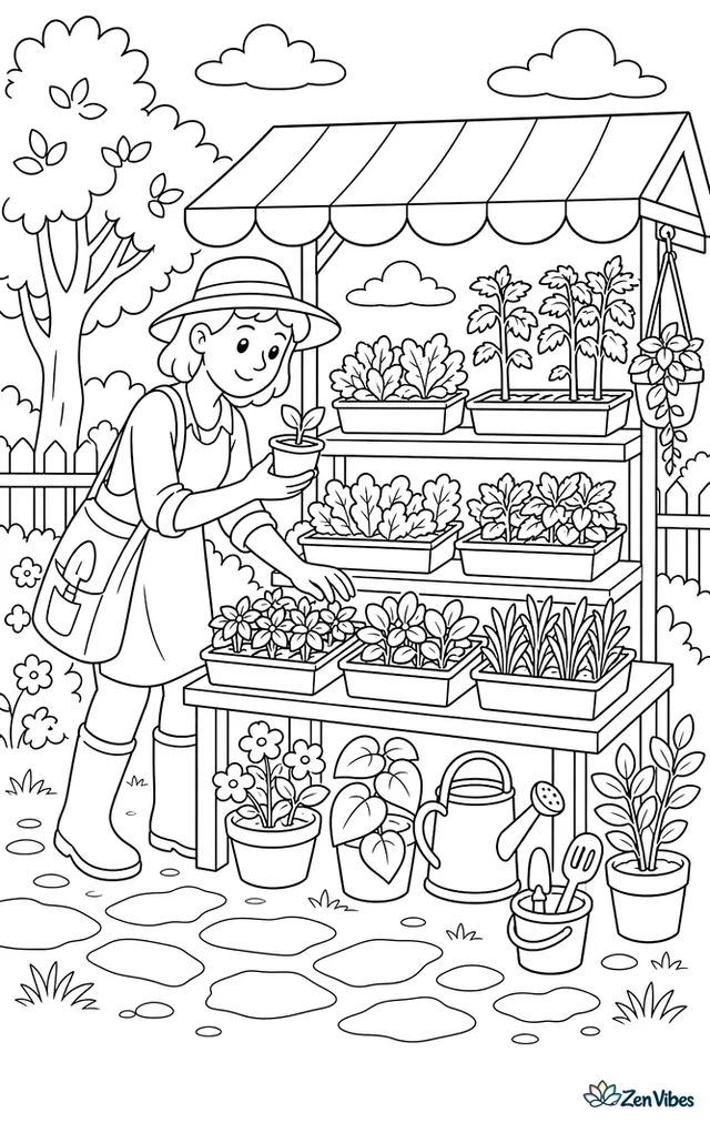A market stall selling seedlings in trays, with a gardener choosing and a sign