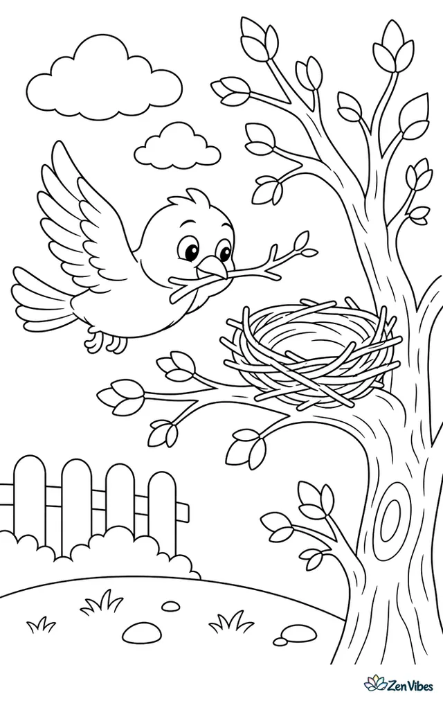 A bird carrying a twig to a half-built nest in a tree with buds