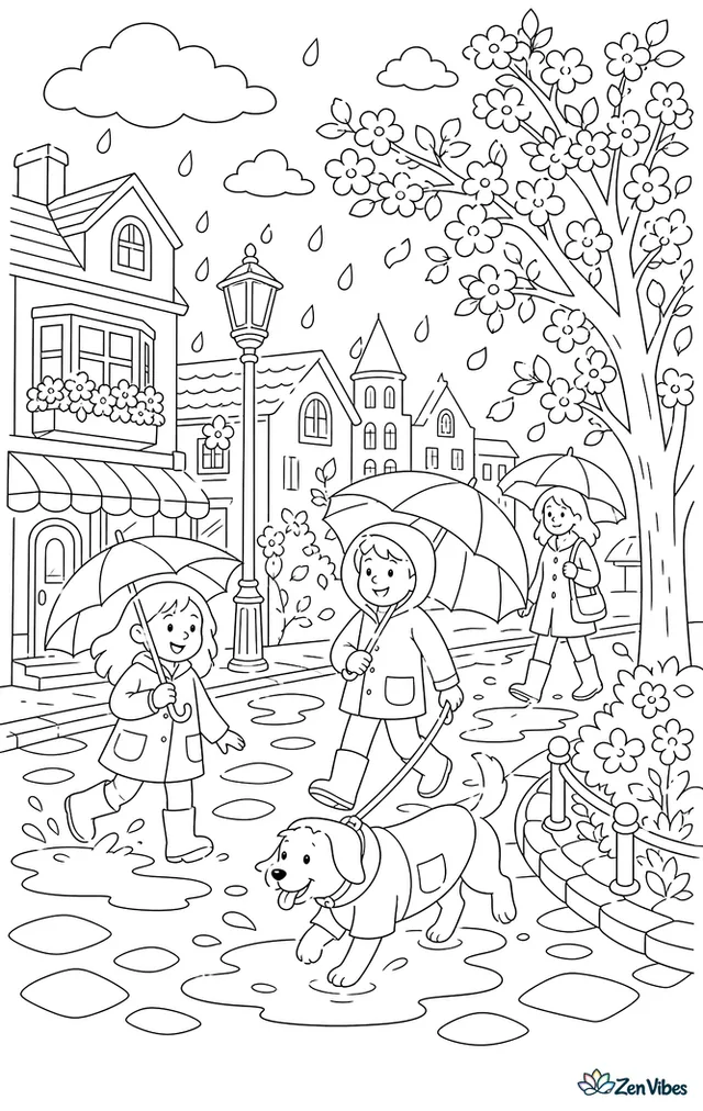 A street with people under umbrellas, puddles, a dog in a raincoat, and blossoming trees