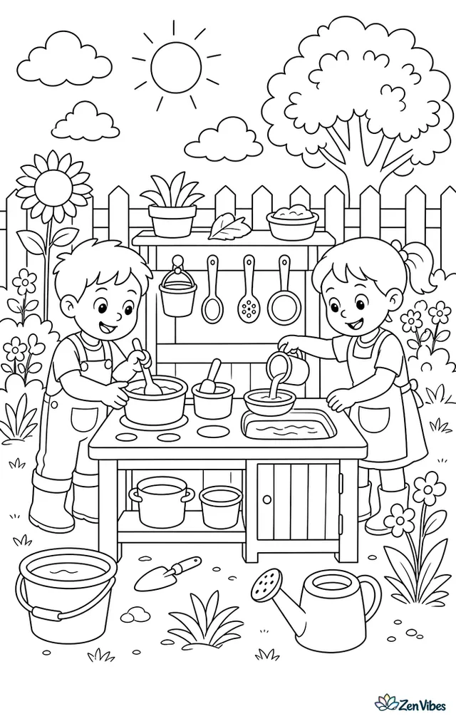 Two children playing at a garden mud kitchen with pots, spoons, and a bucket of water