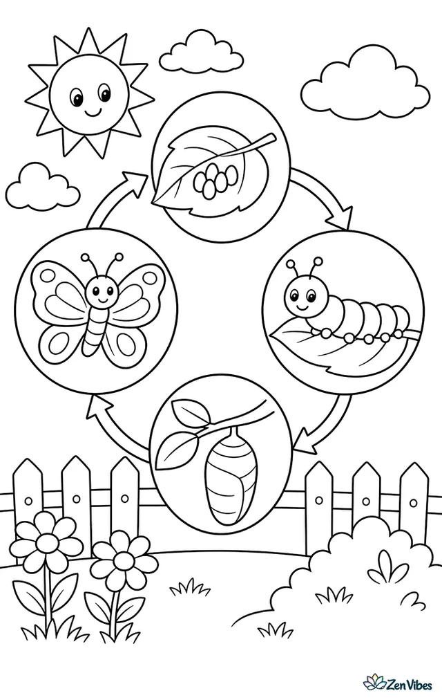 Four stages in a circle: egg on a leaf, caterpillar, chrysalis, and butterfly