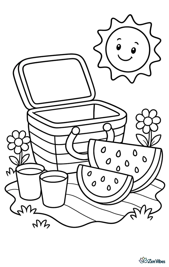A striped picnic basket rests open beside sliced Crimson Sweet watermelon on a blanket, with two cups, a smiling sun, and a few daisies in a grassy park.
