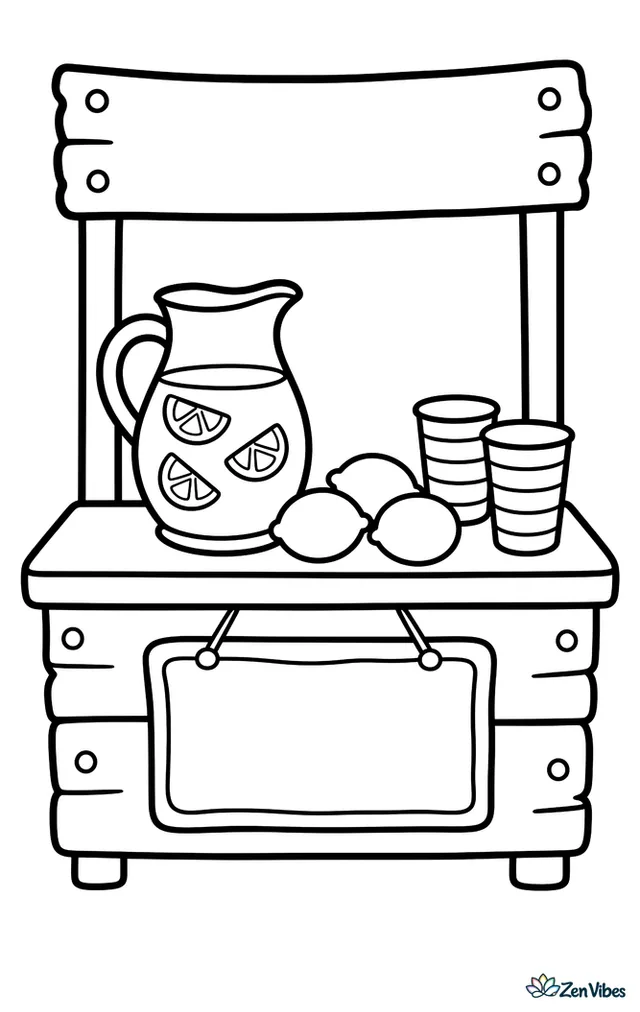 A simple wooden lemonade stand displays a pitcher of lemonade and three lemons, with a chalkboard sign, two striped cups, and a sunny sidewalk scene around it.