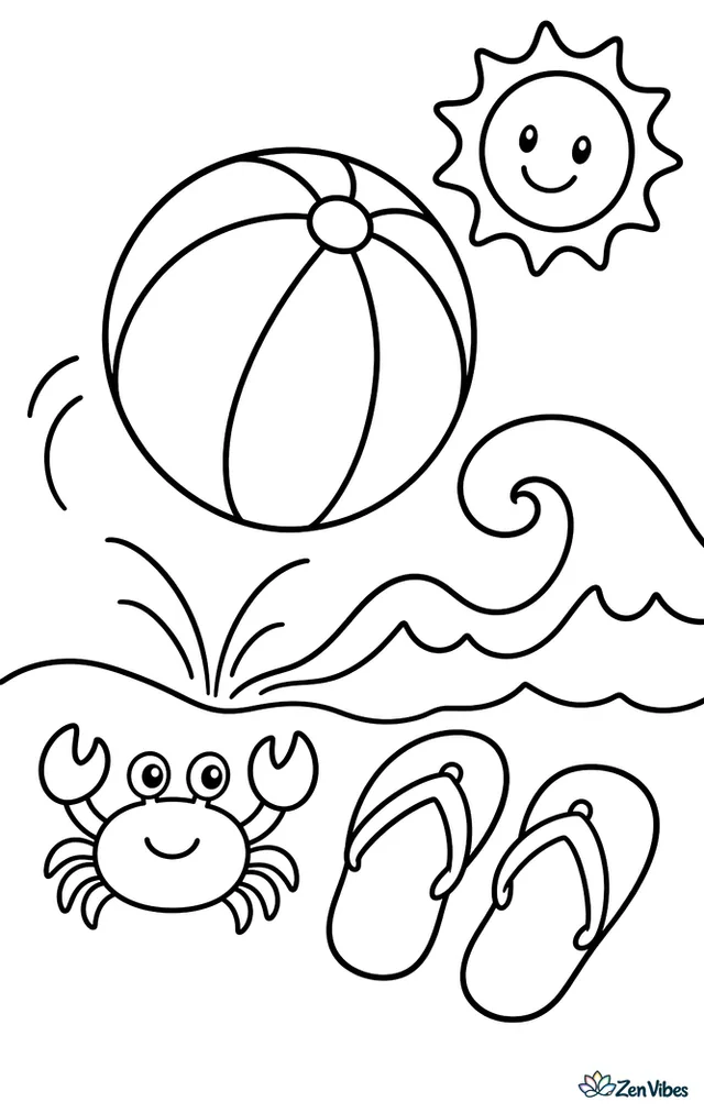 A large striped beach ball bounces near the shoreline, with flip-flops in the sand, a tiny crab watching, and rolling ocean waves beneath a bright summer sun.