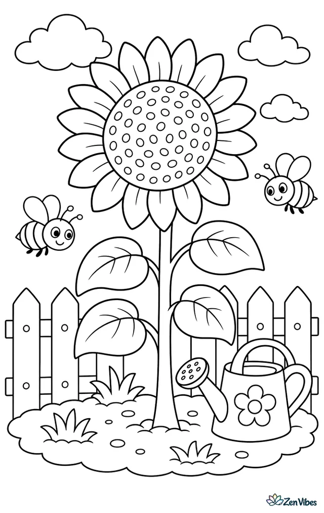 A tall mammoth sunflower blooms in a garden bed while two honeybees buzz nearby, with a watering can, a wooden fence, and fluffy clouds in the warm sky.