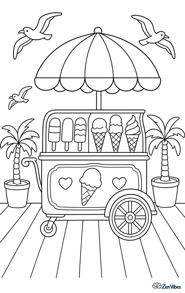 A vintage ice cream cart waits on a boardwalk, showing popsicles and cones under a striped umbrella, while seagulls glide above and potted palms decorate the scene.