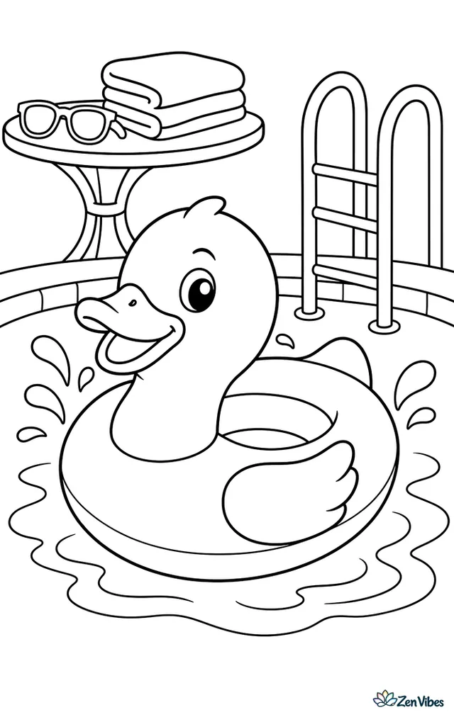 A rubber duck pool float drifts in a backyard swimming pool, surrounded by splashing water, a ladder, folded towels, and a patio table with sunglasses.