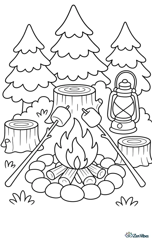 A ring of smooth stones surrounds a small campfire where marshmallows roast on sticks, with tree stumps, a lantern, and pine trees around a peaceful summer campsite.
