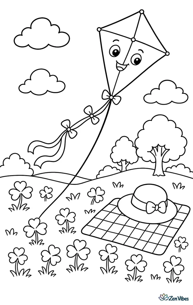 A diamond kite soars above a breezy meadow, its ribbon tail fluttering over clover patches, while a straw hat, picnic blanket, and distant trees complete the summer afternoon.