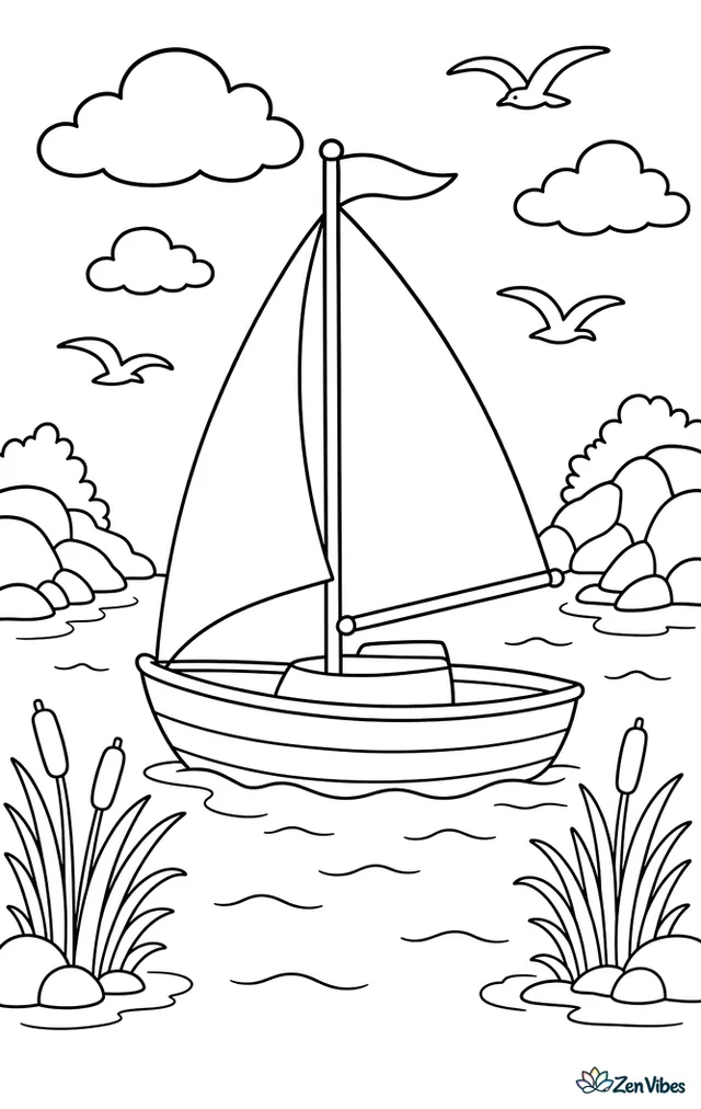 A small sloop sailboat glides across a calm cove, with rocky shorelines, circling gulls, drifting clouds, and reeds along the water on a bright summer day.
