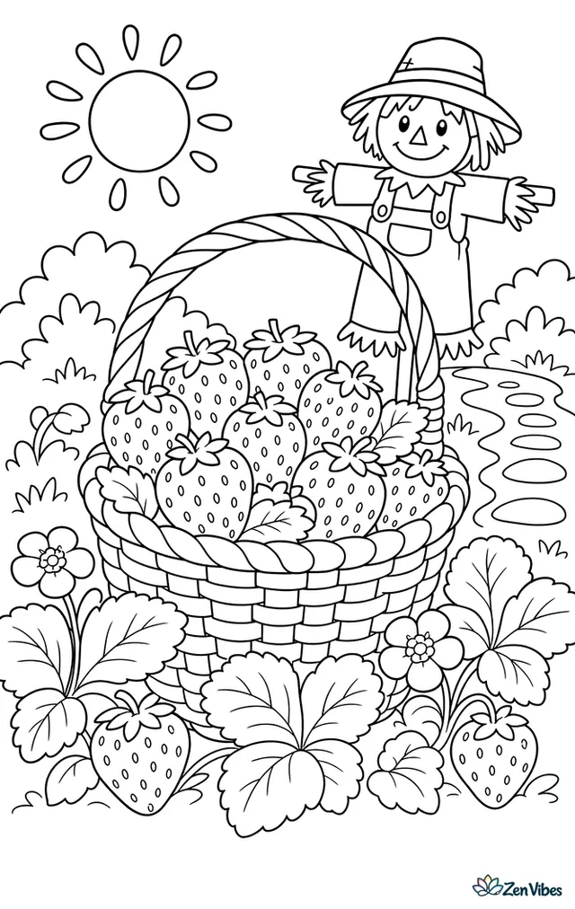 A wicker basket fills with ripe Albion strawberries in a sunny patch, while broad leaves, blossoms, a garden path, and a scarecrow stand nearby.