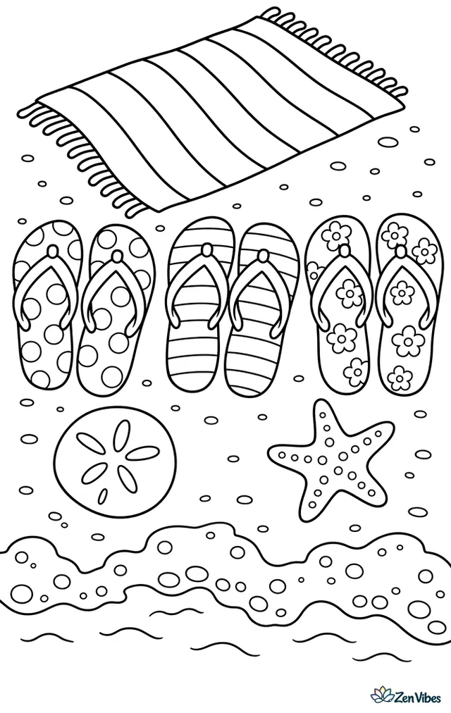 Three pairs of patterned flip-flops line up on warm sand beside a striped towel, with a sand dollar, starfish, and foamy waves nearby.