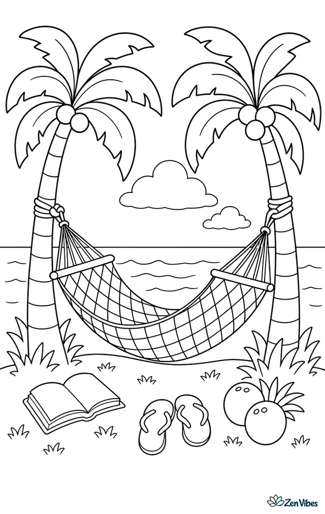 A woven hammock hangs between two palm trees, gently swaying above grass, with a book, sandals, coconuts, and a calm ocean view in the background.