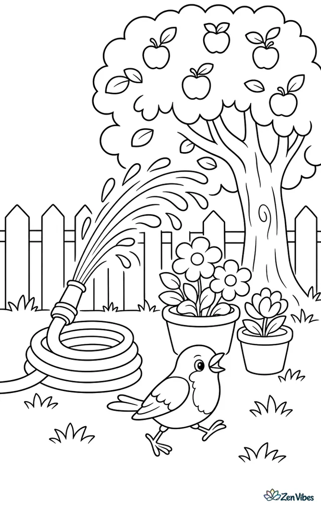 A coiled garden hose sprays an arc of water across a backyard lawn, where a robin hops near flowerpots, a fence, and a shady apple tree.