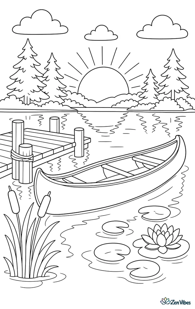 A red canoe floats near a wooden dock on a still lake, with cattails, lily pads, pine trees, and a rising sun reflected in the water.