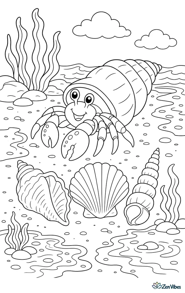 A hermit crab crawls past a collection of conch, scallop, and auger shells arranged on damp sand, while tide pools, seaweed, and small wavelets surround the beach scene.