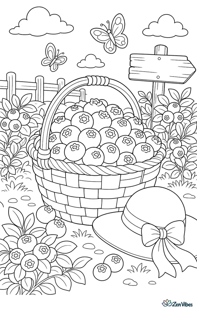 A basket brims with ripe Duke blueberries in a farm field, with leafy bushes, a sunhat, a wooden sign, and fluttering butterflies under a clear sky.