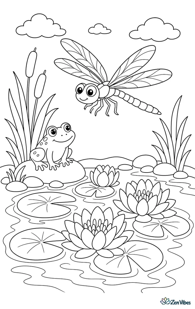 A blue dasher dragonfly hovers above a pond filled with lily pads and blooming water lilies, while reeds, smooth stones, and a frog rest along the shore.