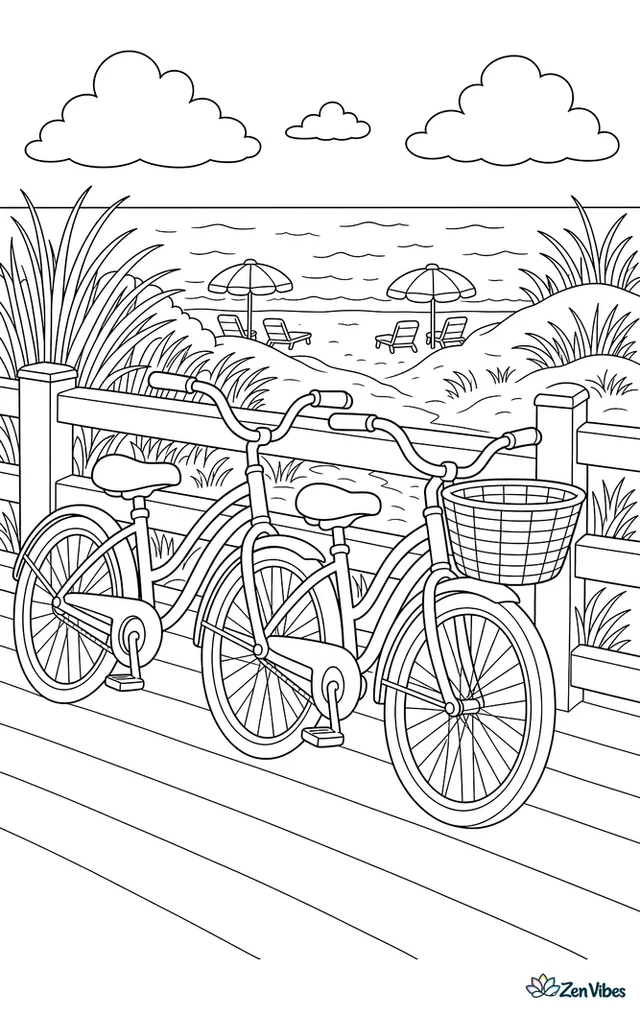 Two cruiser bicycles are parked beside a wooden boardwalk railing, overlooking dunes, beach grass, distant umbrellas, and a calm sea under summer clouds.