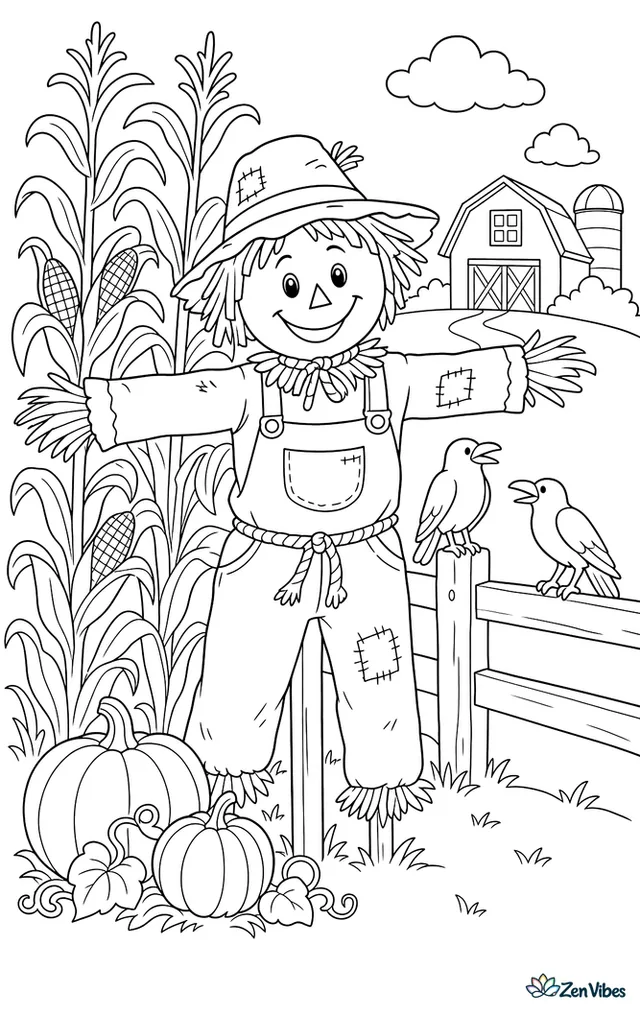 A smiling scarecrow stands among tall sweet corn stalks, with crows perched on a fence, pumpkins at the field edge, and a barn in the distance.