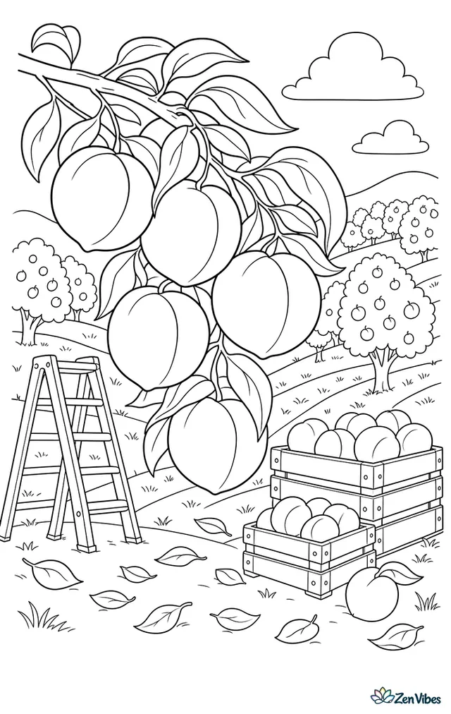 A branch of ripe Elberta peaches hangs low in an orchard, while ladders, crates, fallen leaves, and rows of trees stretch through a sunny hillside.