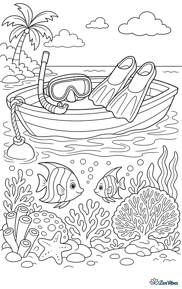 A snorkel mask and fins rest on a small boat beside a shallow coral reef, where angelfish, sea fans, bubbles, and clear water create a lively summer scene.