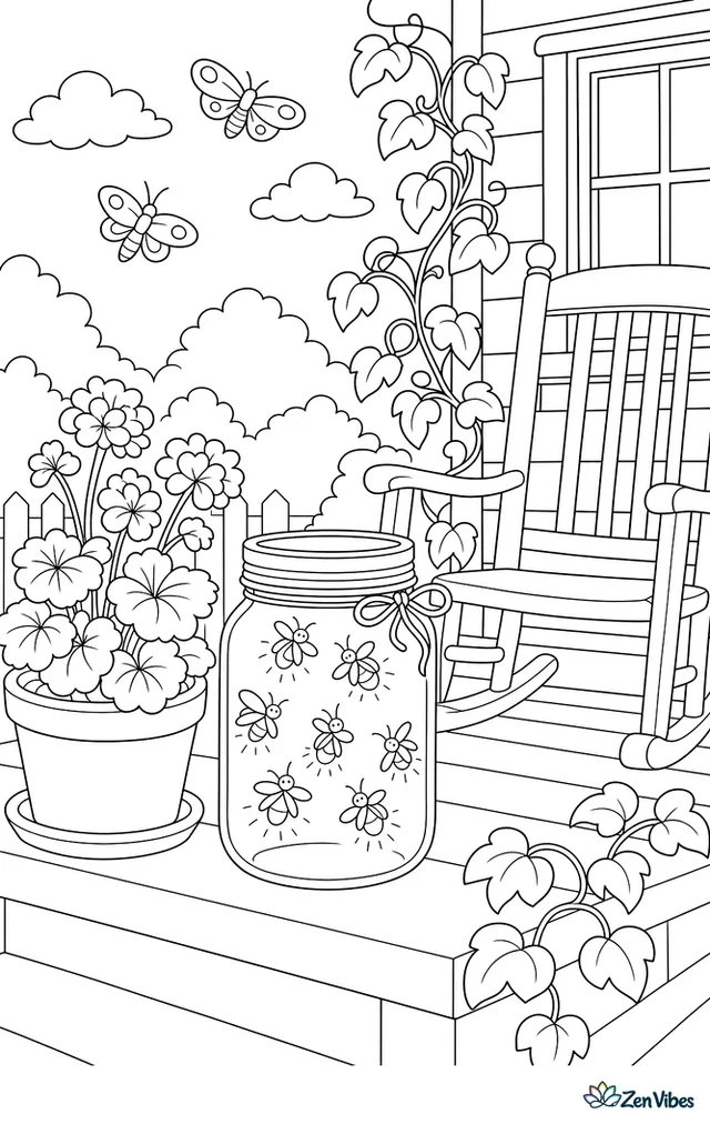 A glass jar filled with glowing fireflies sits on a porch step at dusk, with potted geraniums, a rocking chair, moths, and climbing vines nearby.