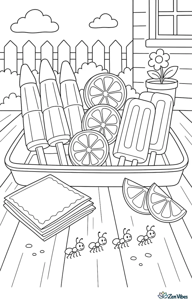 A tray of rocket pops, orange pops, and twin-stick popsicles sits on a picnic table, with napkins, lemon slices, and ants marching nearby.