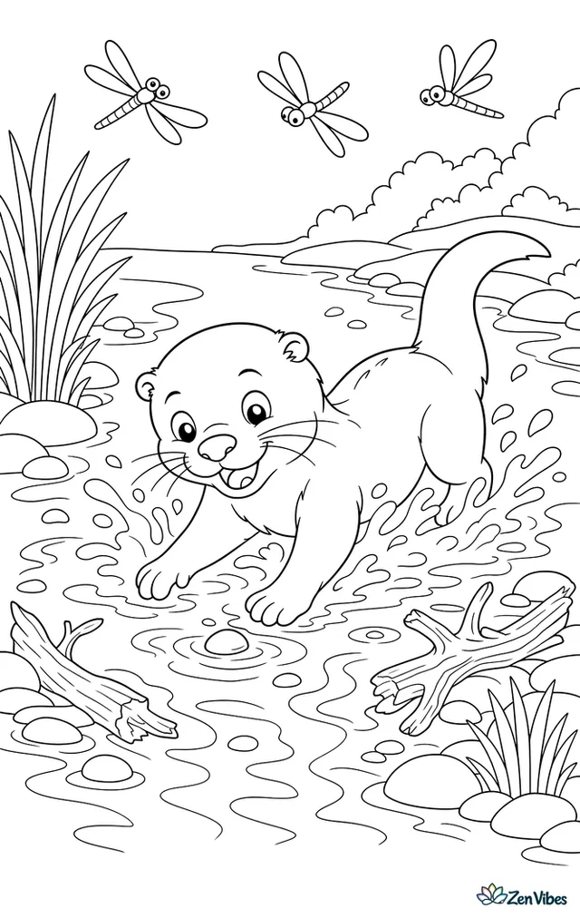 A North American river otter splashes in a shallow stream, chasing pebbles between reeds and driftwood, while dragonflies skim above and smooth banks curve around.