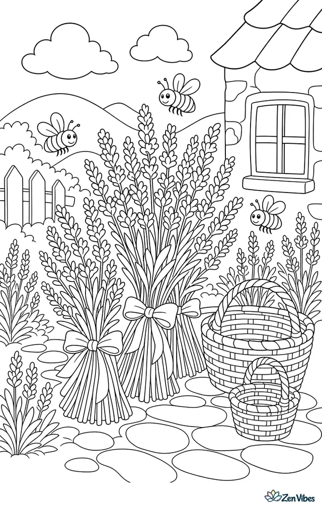 Bundles of English lavender are tied with ribbon in a cottage garden, while bees visit blossoms, baskets sit on a stone path, and hills rise behind.