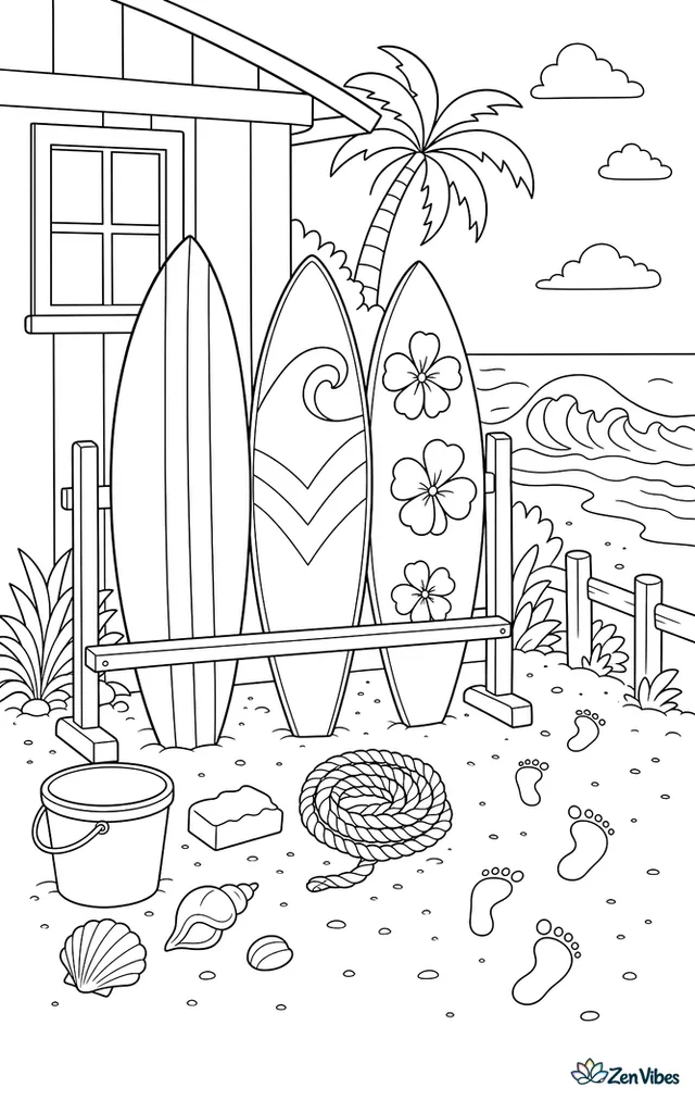 A rack holds three different surfboards beside a beach shack, with wax, a bucket, rope, seashells, and sandy footprints leading toward rolling waves.