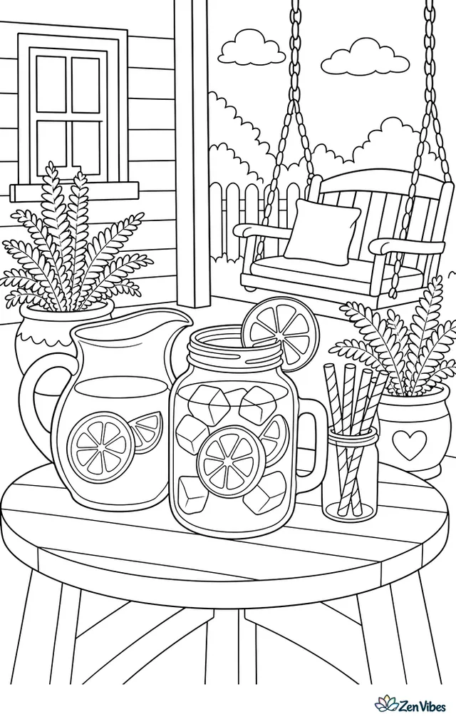 A mason jar of iced tea with lemon rests on a porch table, surrounded by a pitcher, striped straws, potted ferns, and a porch swing.