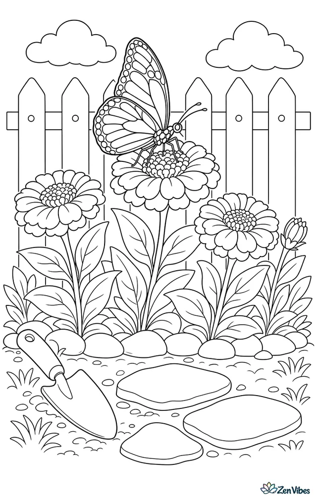 A monarch butterfly lands on bright zinnia flowers in a garden border, with a trowel, stepping stones, leafy stems, and a picket fence behind.