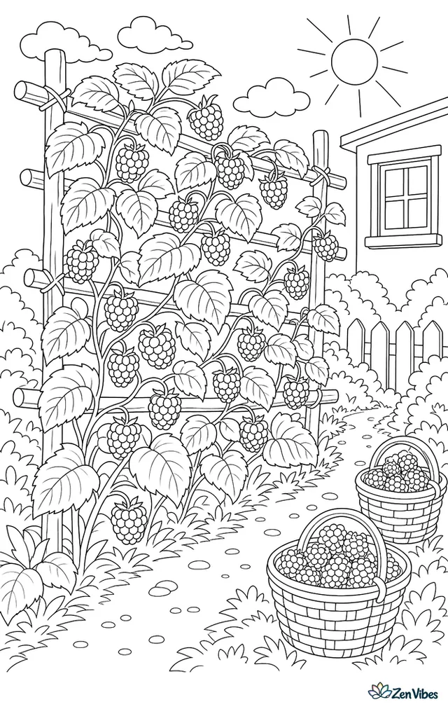 Rows of Heritage raspberries climb a garden trellis, with ripe berries, woven baskets, broad leaves, and a narrow dirt path under afternoon sunshine.