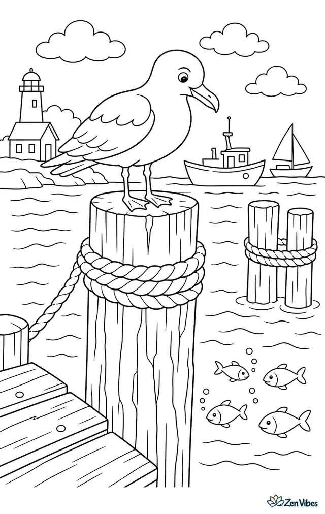 A herring gull stands on a weathered pier post, watching small fish below, while ropes, pilings, distant boats, and rippling harbor water fill the scene.