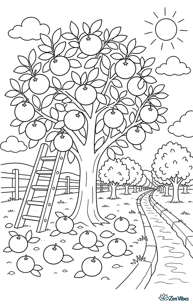A Valencia orange tree grows in a sunny grove, heavy with fruit, while fallen oranges, a ladder, irrigation channels, and rows of trees extend outward.