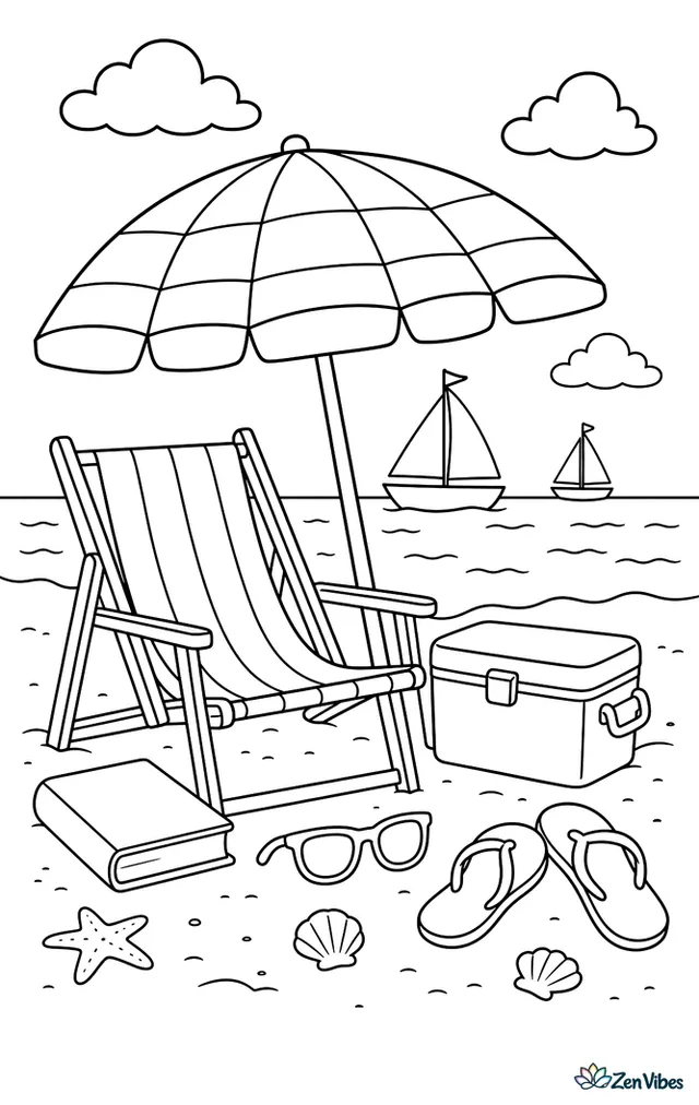 A striped beach umbrella shades a chair and cooler on warm sand, with sunglasses, a book, sandals, and distant sailboats across the sparkling water.