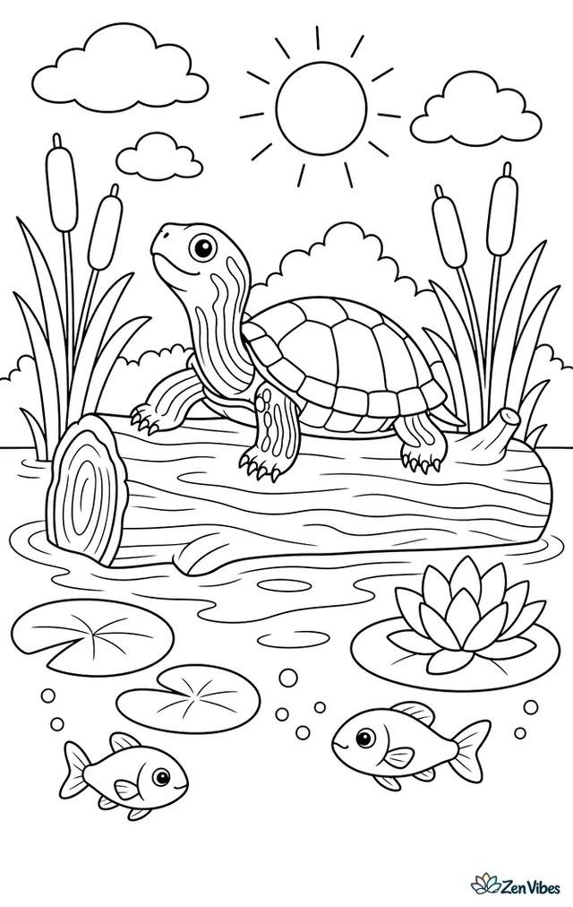 A painted turtle basks on a fallen log in a pond, surrounded by cattails, lily pads, small fish, and ripples under a bright summer sky.
