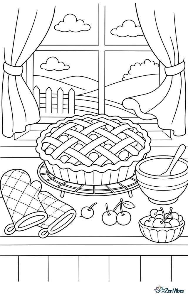 A lattice-topped sour cherry pie cools on a windowsill, with oven mitts, a mixing bowl, scattered cherries, and fluttering curtains in a farmhouse kitchen.