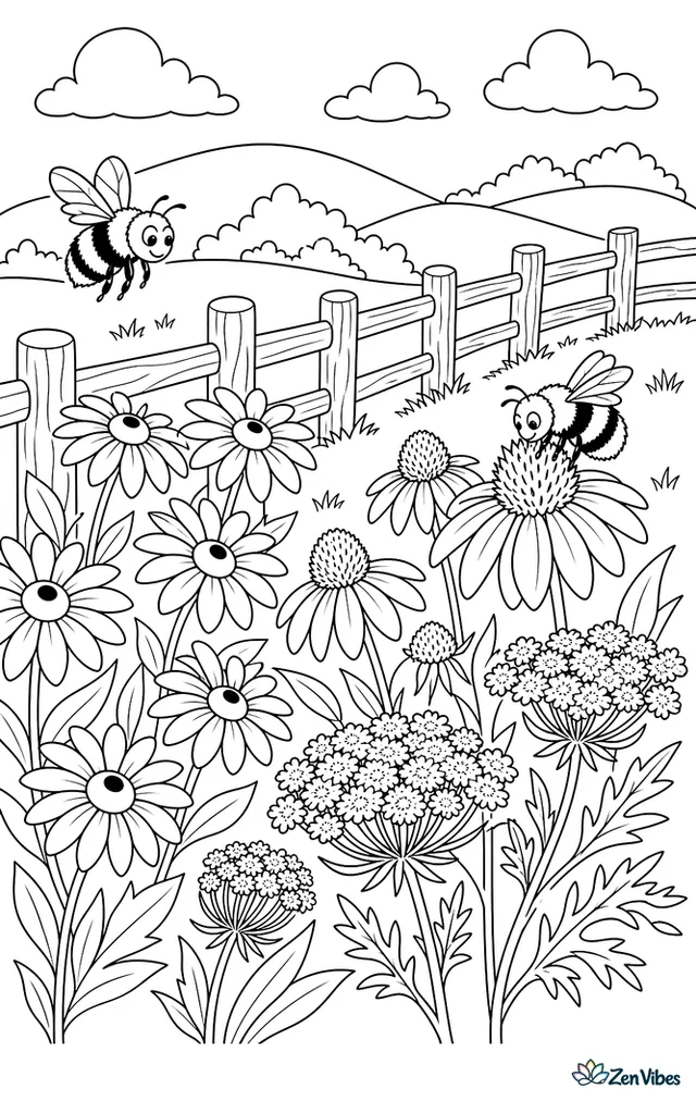 A meadow blooms with black-eyed Susans, coneflowers, and Queen Anne's lace, while bumblebees forage, a fence line winds through, and hills roll beyond.