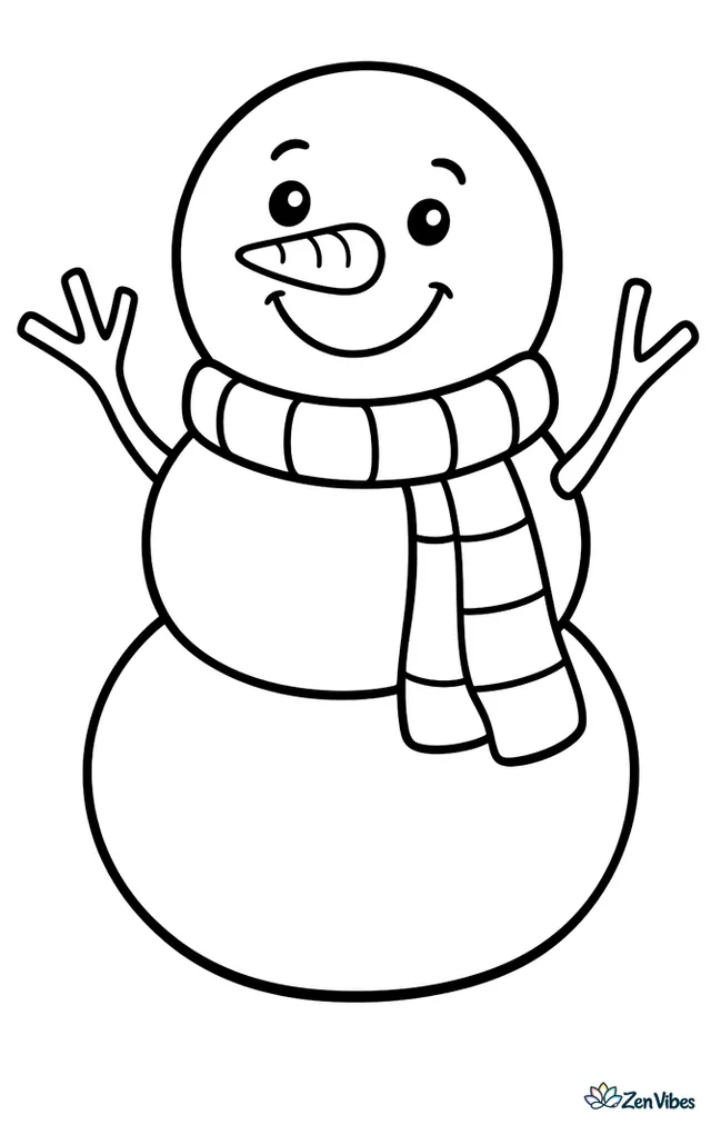 A big round snowman made of three stacked snowballs, wearing a long knitted scarf, with a carrot nose, a wide smile, and two stick arms
