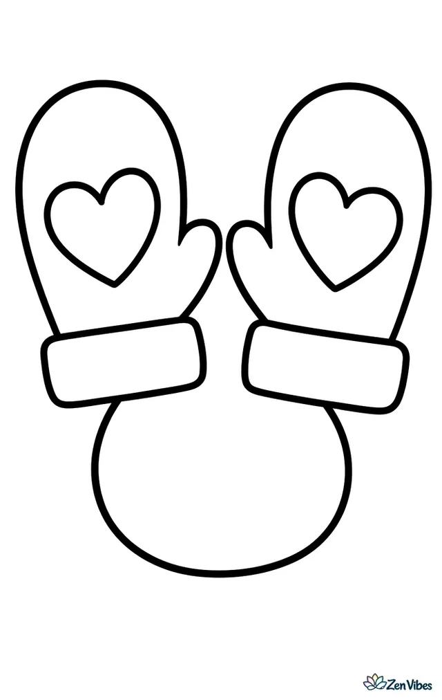 A pair of chunky knitted mittens joined by a string, each with a plain wide cuff, a big rounded thumb, and a single heart shape